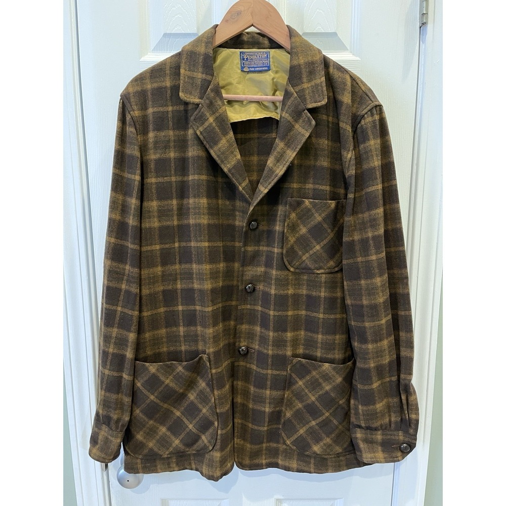 Vintage Pendleton Field Jacket Coat 100% Virgin Wool Brown Plaid USA Mens Med